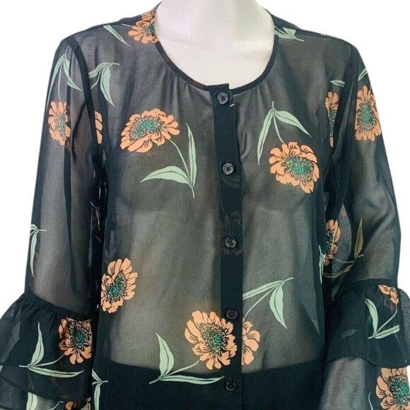CAbi Womens La Di Da Top Black Floral Print Sheer Bell Sleeve Blouse #5206 Sz S - Picture 4 of 12